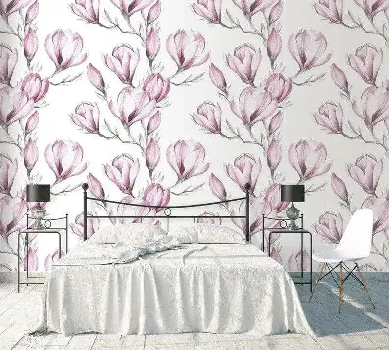 Delicate Pink Floral Watercolor White Wallpaper - Image 3