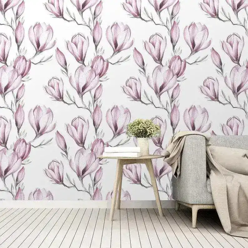 Delicate Pink Floral Watercolor White Wallpaper - Image 4