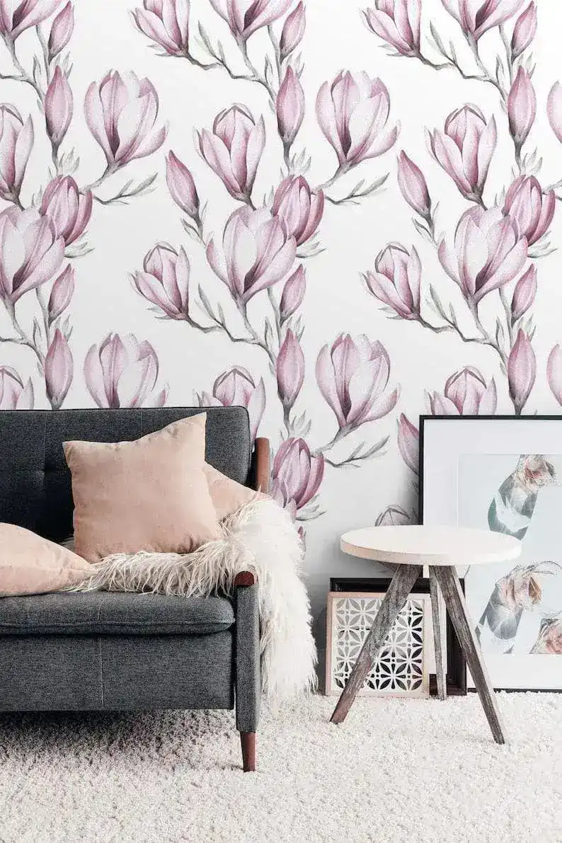 Delicate Pink Floral Watercolor White Wallpaper - Image 6