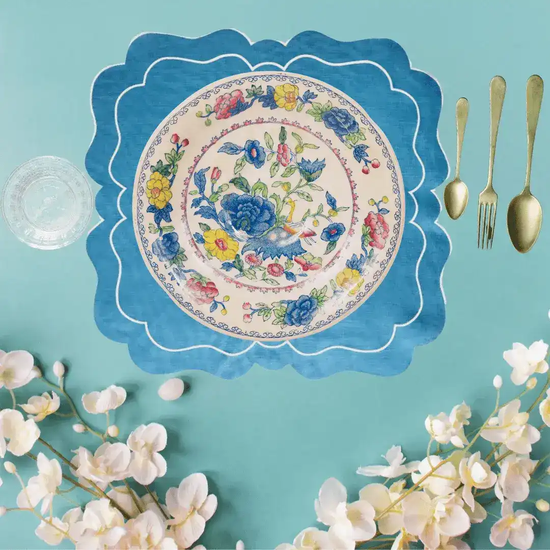 Double White Edge 100% Linen Blue Placemat - Image 2