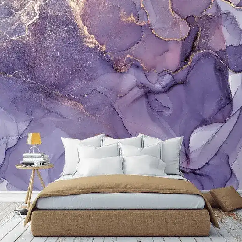 Dramatic Purple and Gold Abstract Marble Wallpaper Mural - Image 3