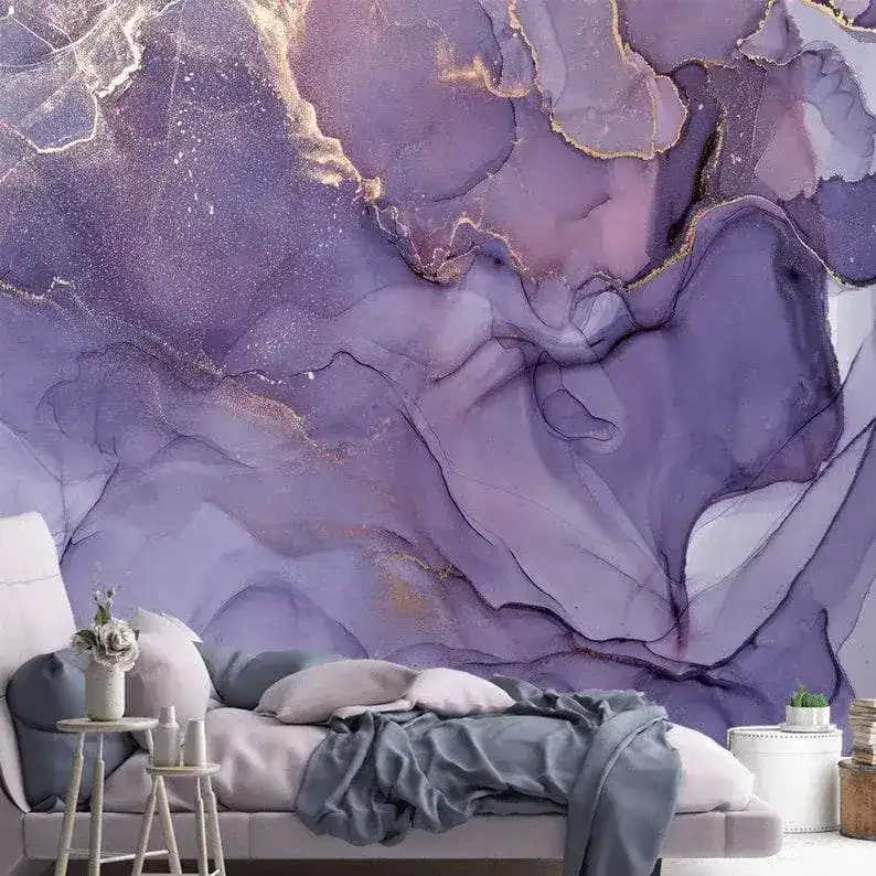 Dramatic Purple and Gold Abstract Marble Wallpaper Mural - Image 4