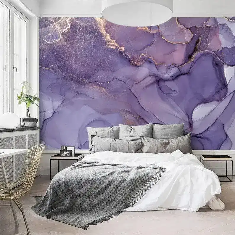 Dramatic Purple and Gold Abstract Marble Wallpaper Mural - Image 5