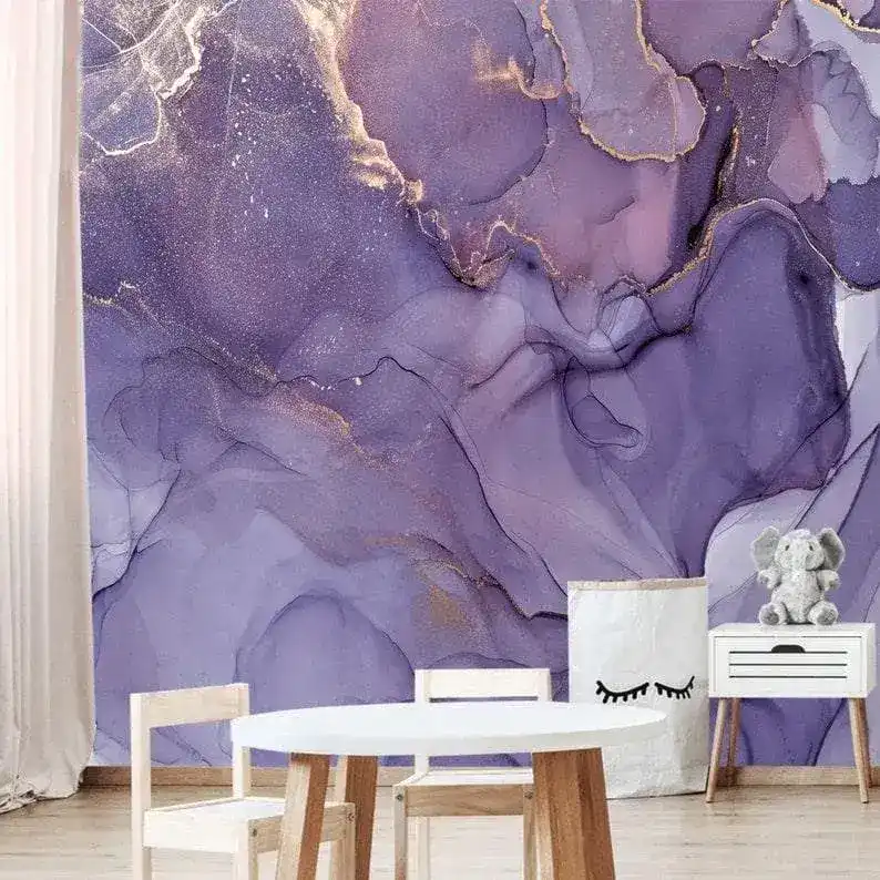 Dramatic Purple and Gold Abstract Marble Wallpaper Mural - Image 6
