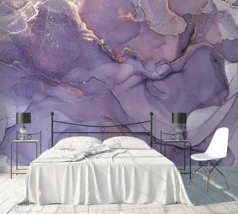 Dramatic Purple and Gold Abstract Marble Wallpaper Mural - Image 7