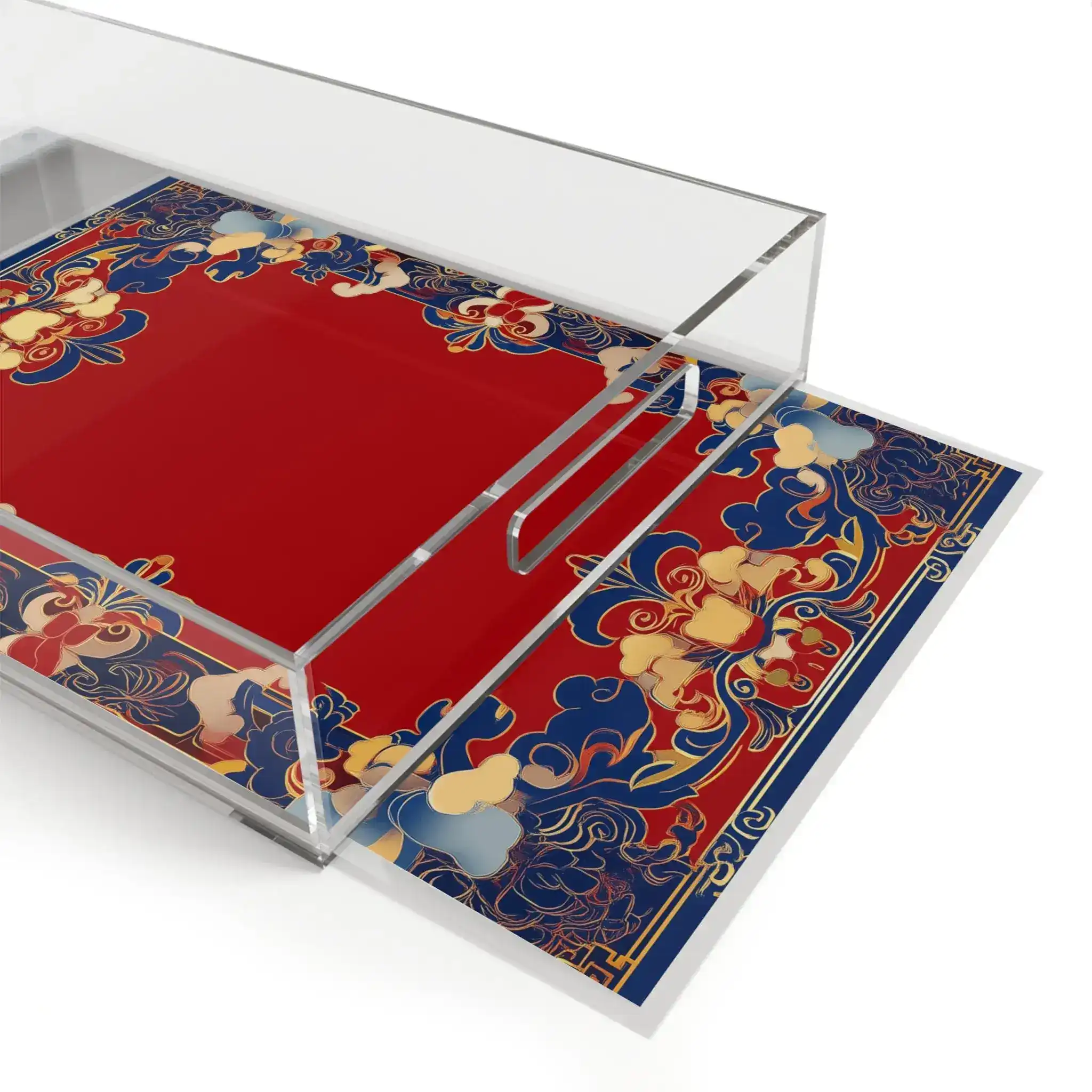 Elegant Chinoiserie Red & Blue Serving Tray - Image 4