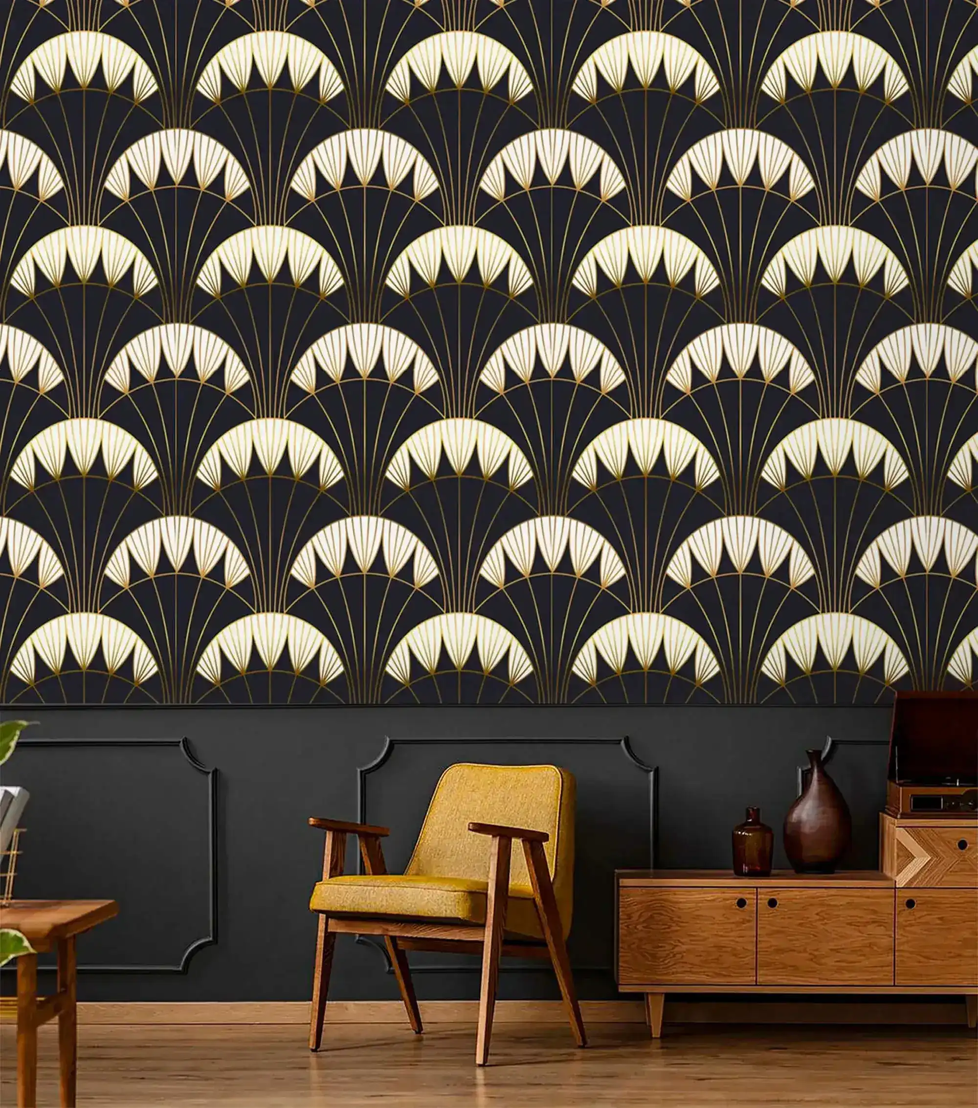 Ethereal Glam: Art Deco Black Gold Wallpaper - Image 6