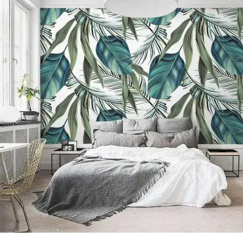 Exotic Blue Oversized Tropical Leaves White Wallpaper - Image 7
