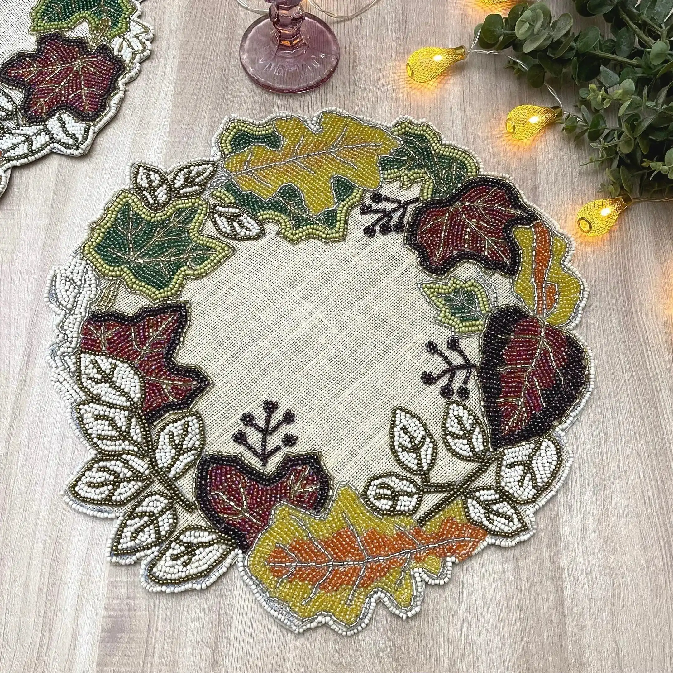 Fall Maple Leaves Beads on Burlap Round Placemat - Image 2