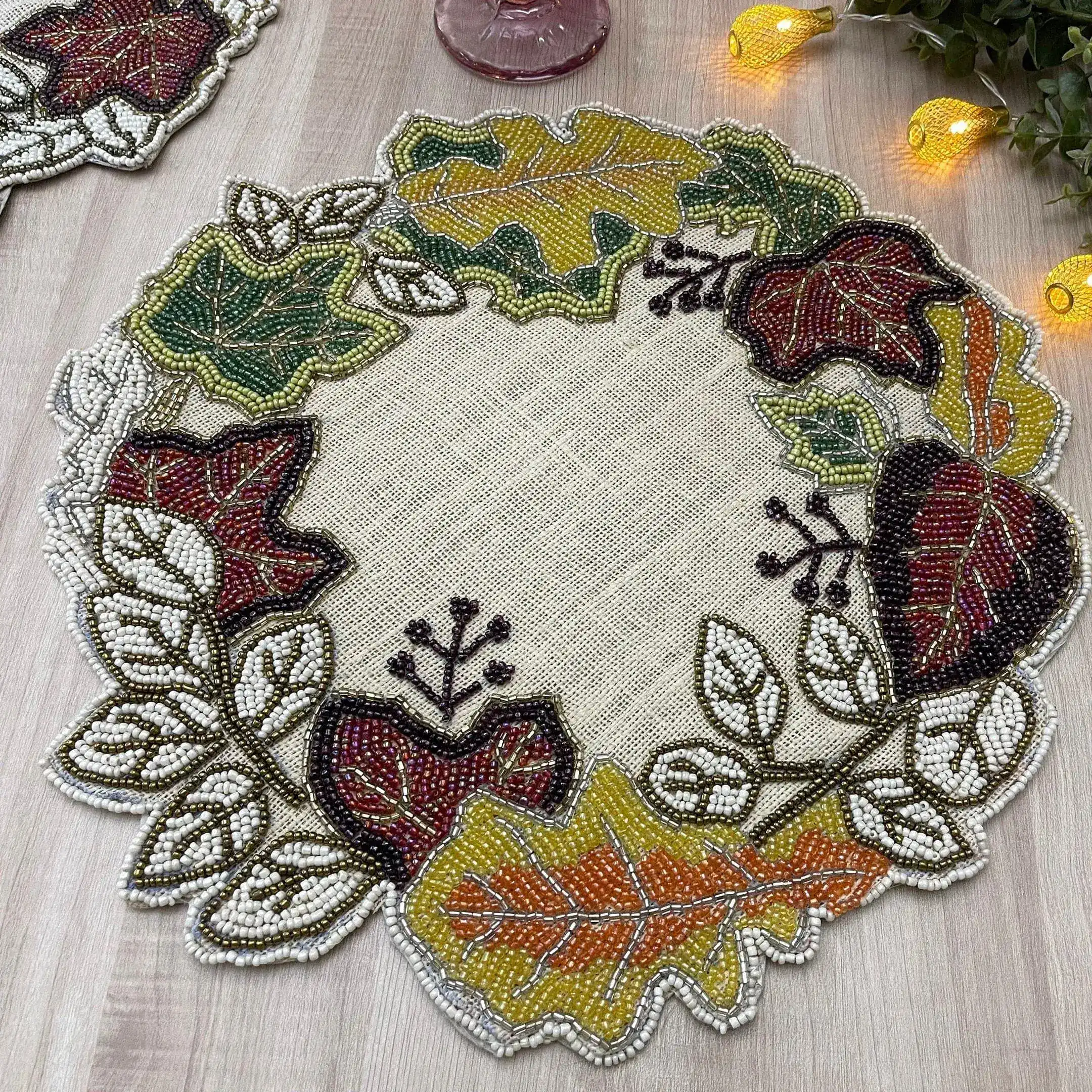 Fall Maple Leaves Beads on Burlap Round Placemat - Image 3
