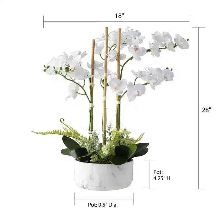 Faux White Orchid Floral Centerpiece in Marbled Pot - Image 6
