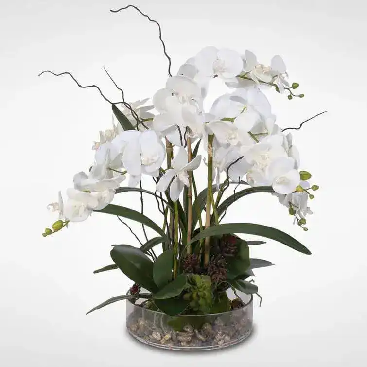 Faux White Phalaenopsis Orchid Floral Arrangement in Pot - Image 3