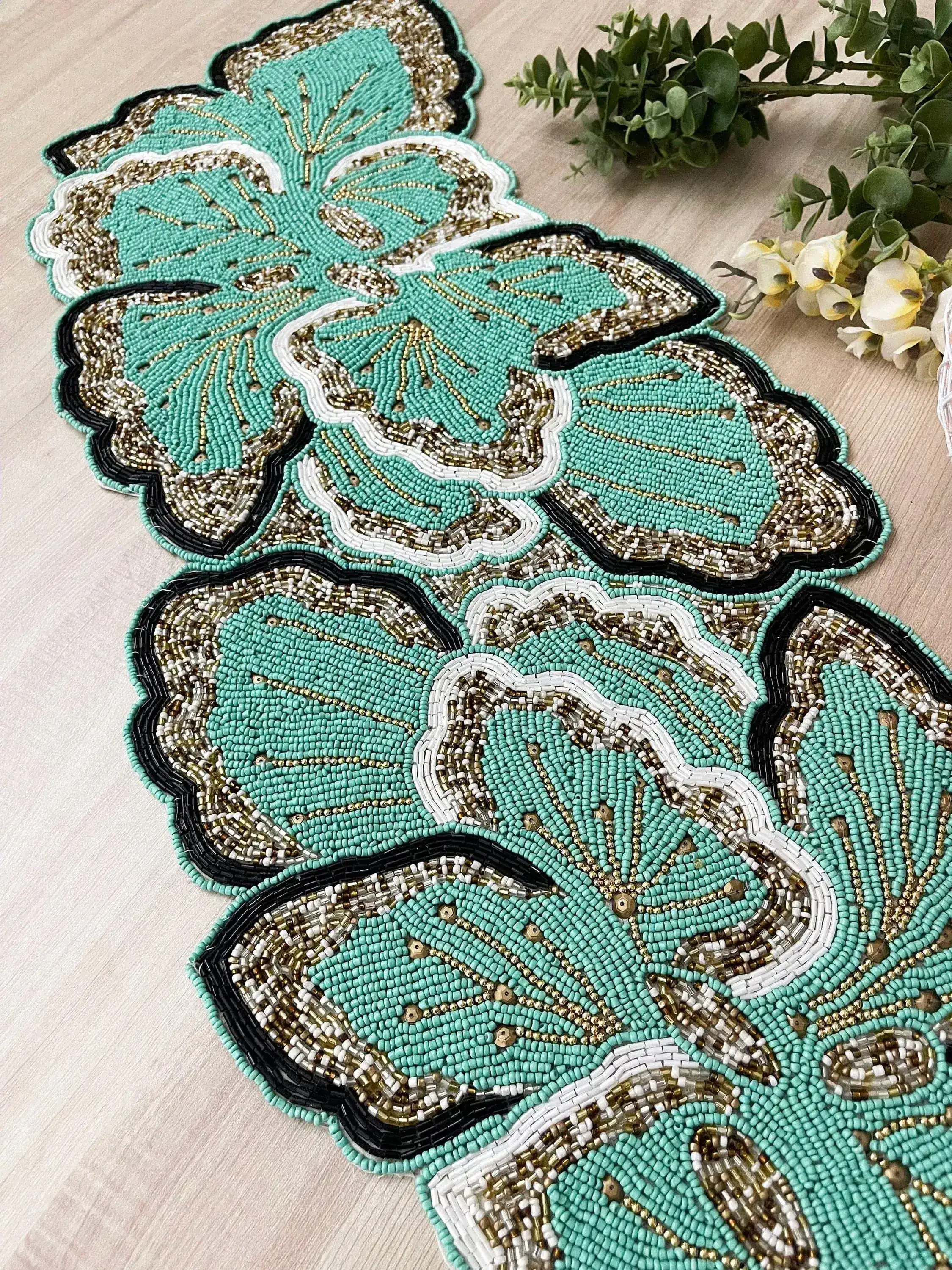 Floral Beaded Table Runner - Aquamarine Green Gold - Image 6