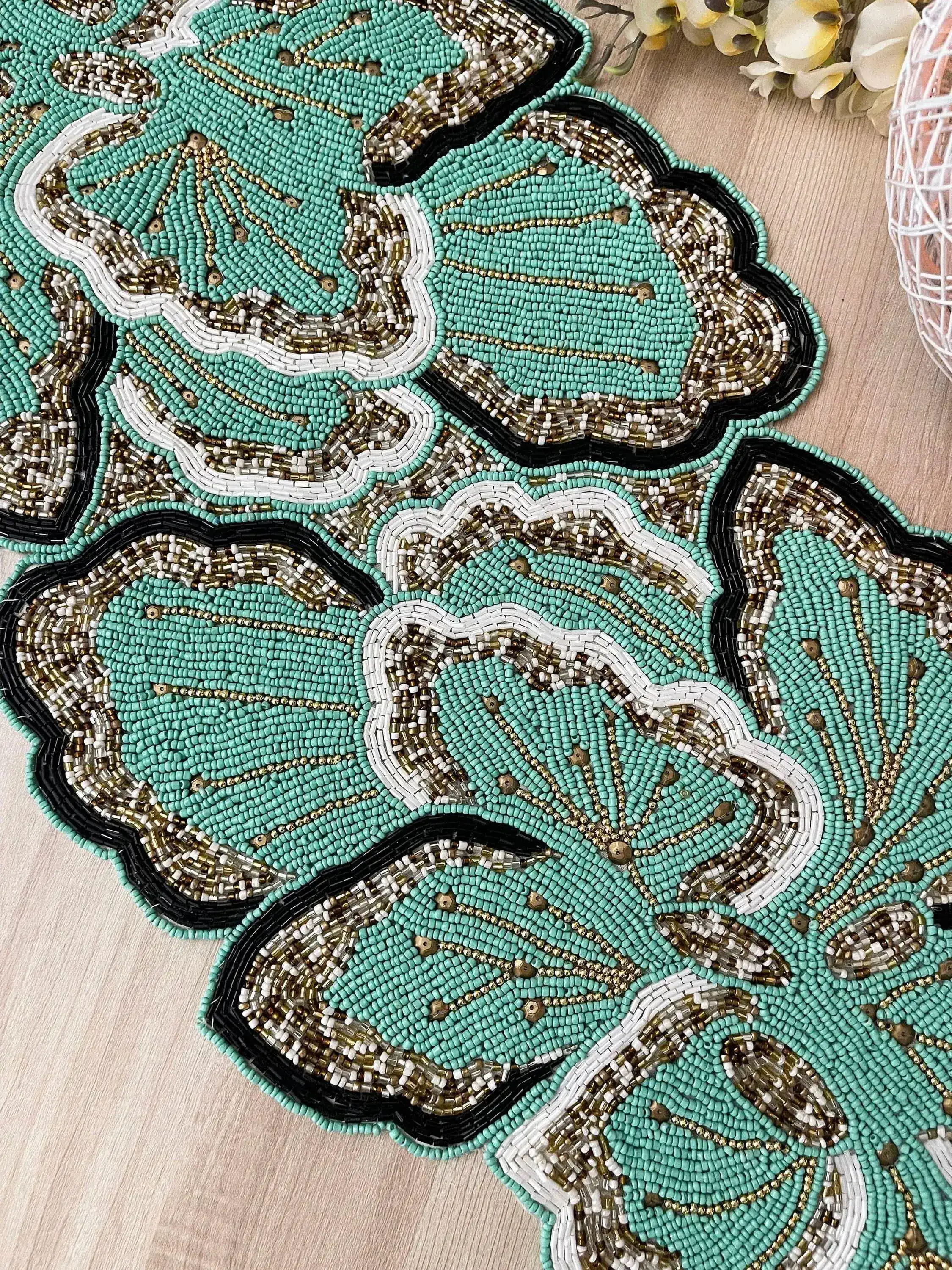 Floral Beaded Table Runner - Aquamarine Green Gold - Image 8