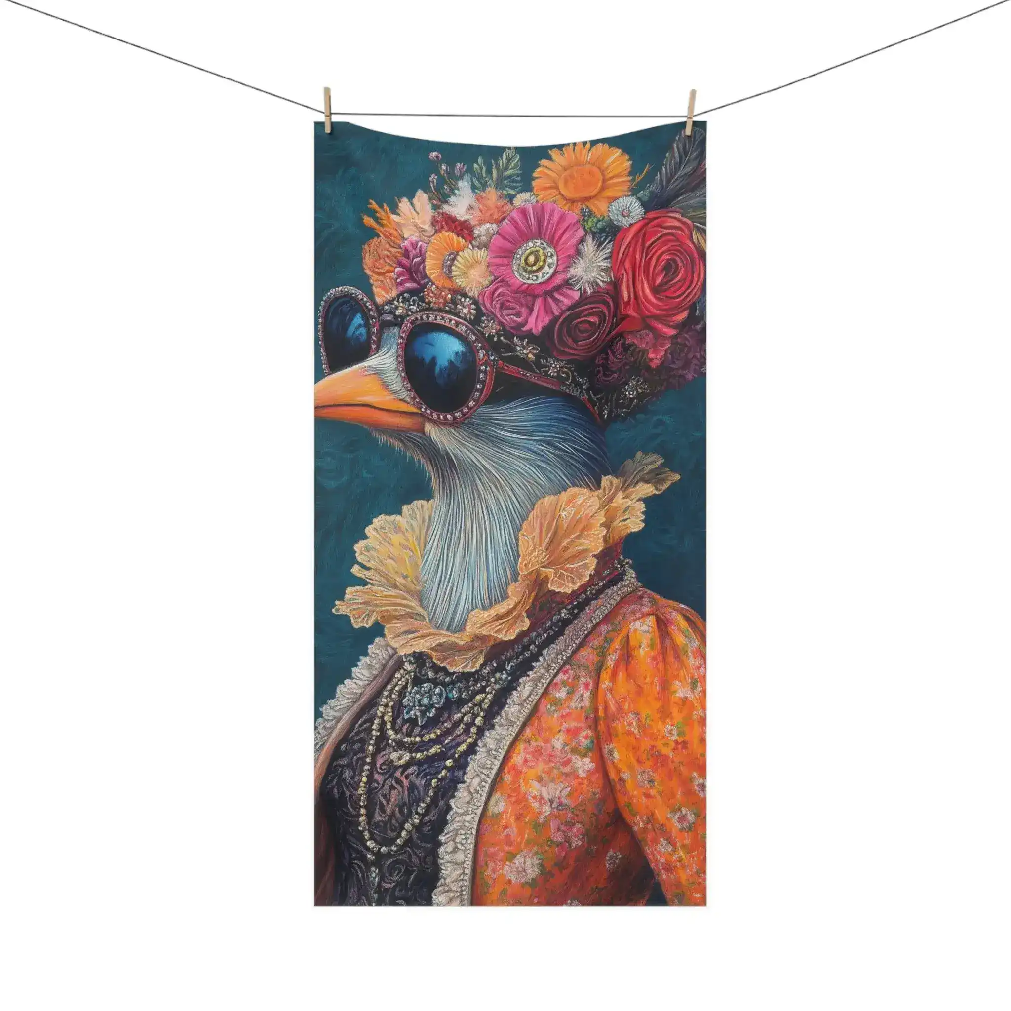 Floral Crowned Renaissance Bird in Couture with Sunglasses Bath Towel - Image 4