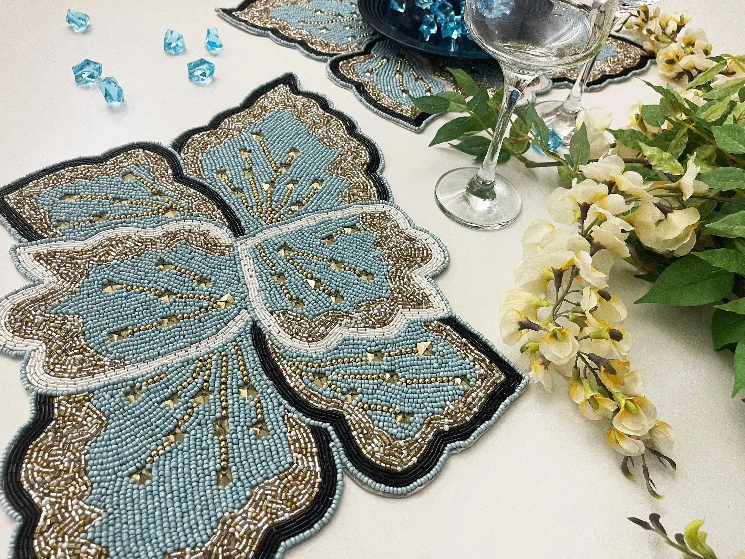 Floral Leaf Beaded Placemat - Blue and Gold - Set of 4 - Image 3