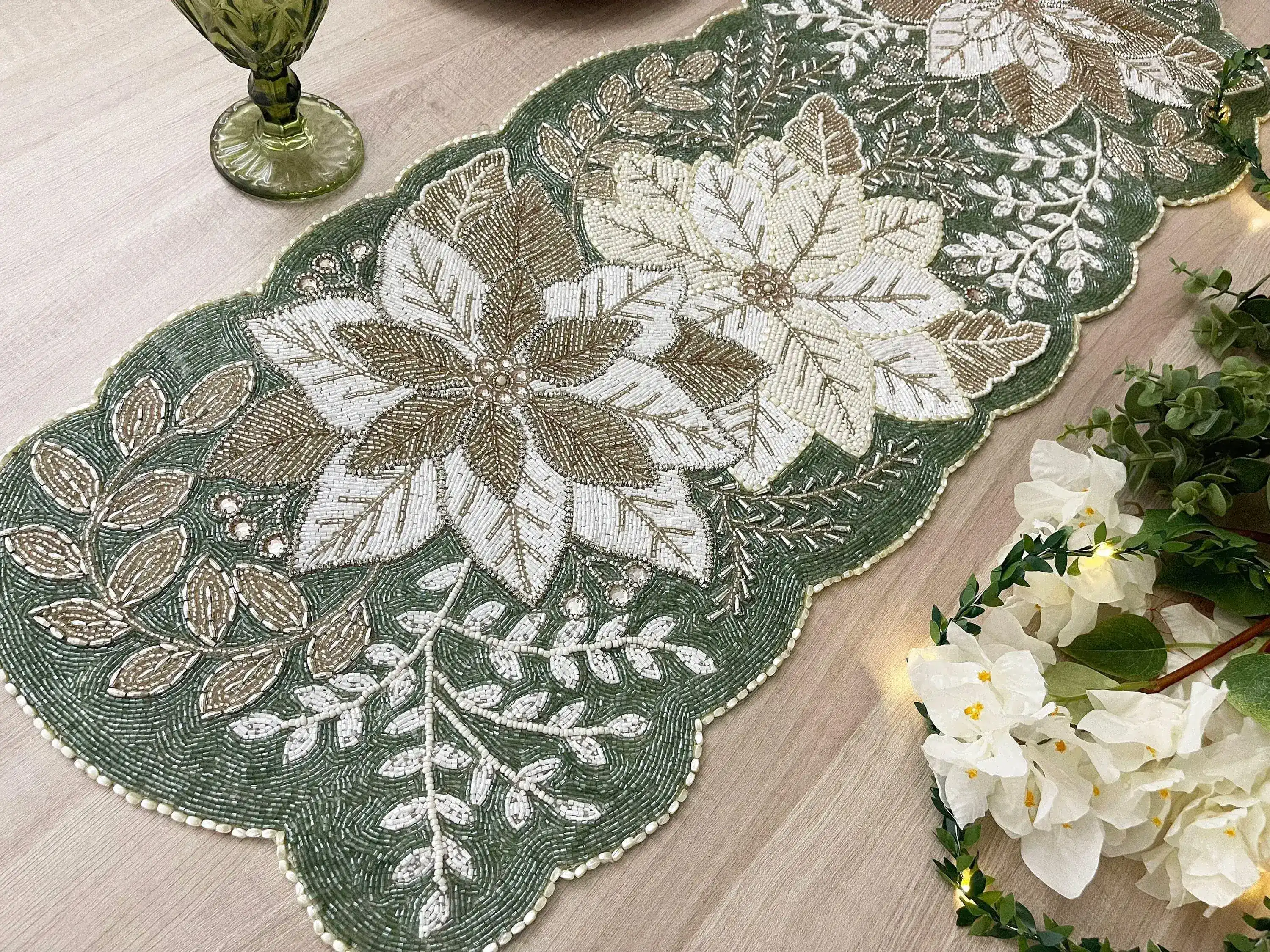 Floral Leafy Beaded Table Runner - Poinsettia - Image 4