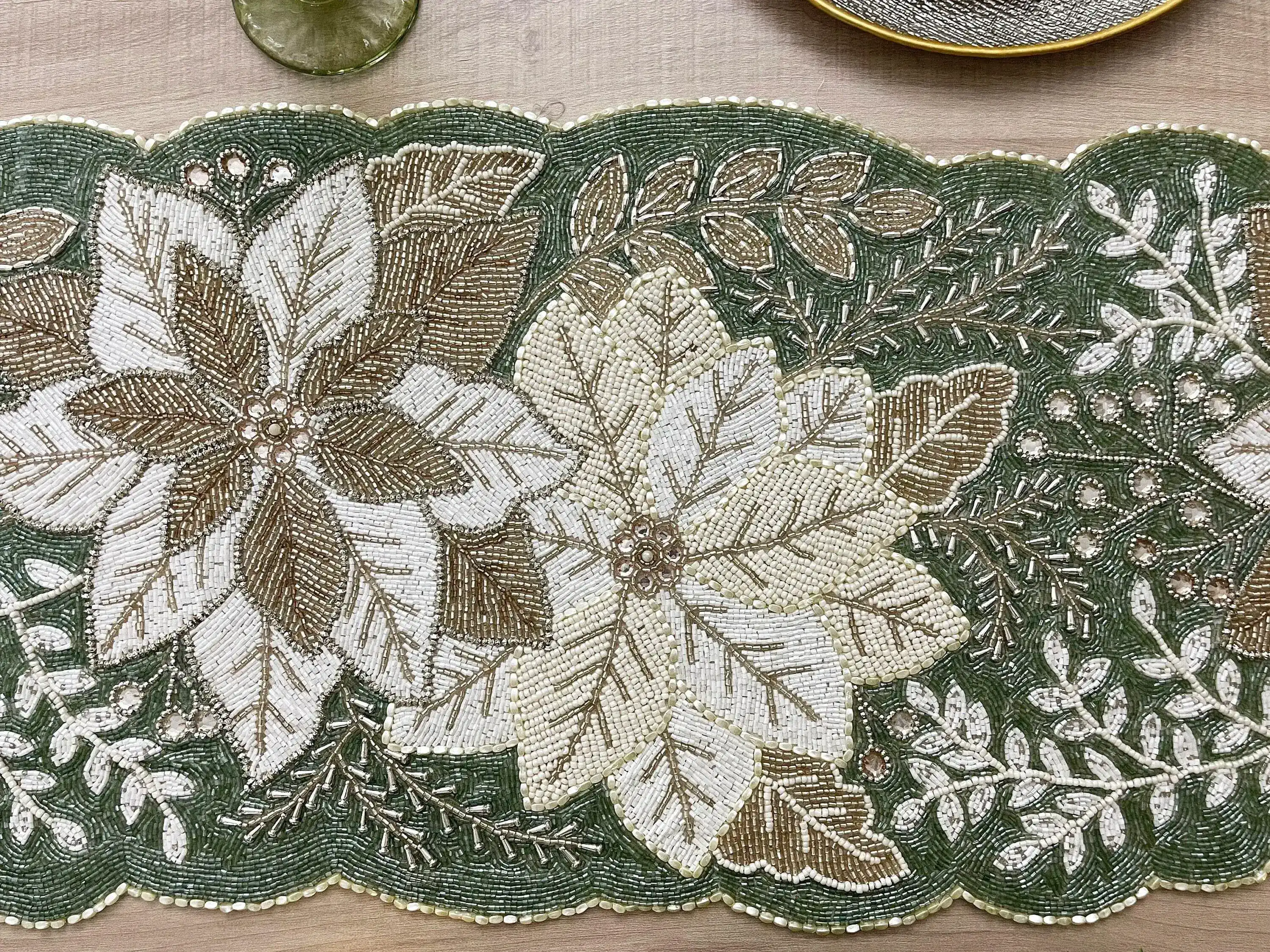 Floral Leafy Beaded Table Runner - Poinsettia - Image 5
