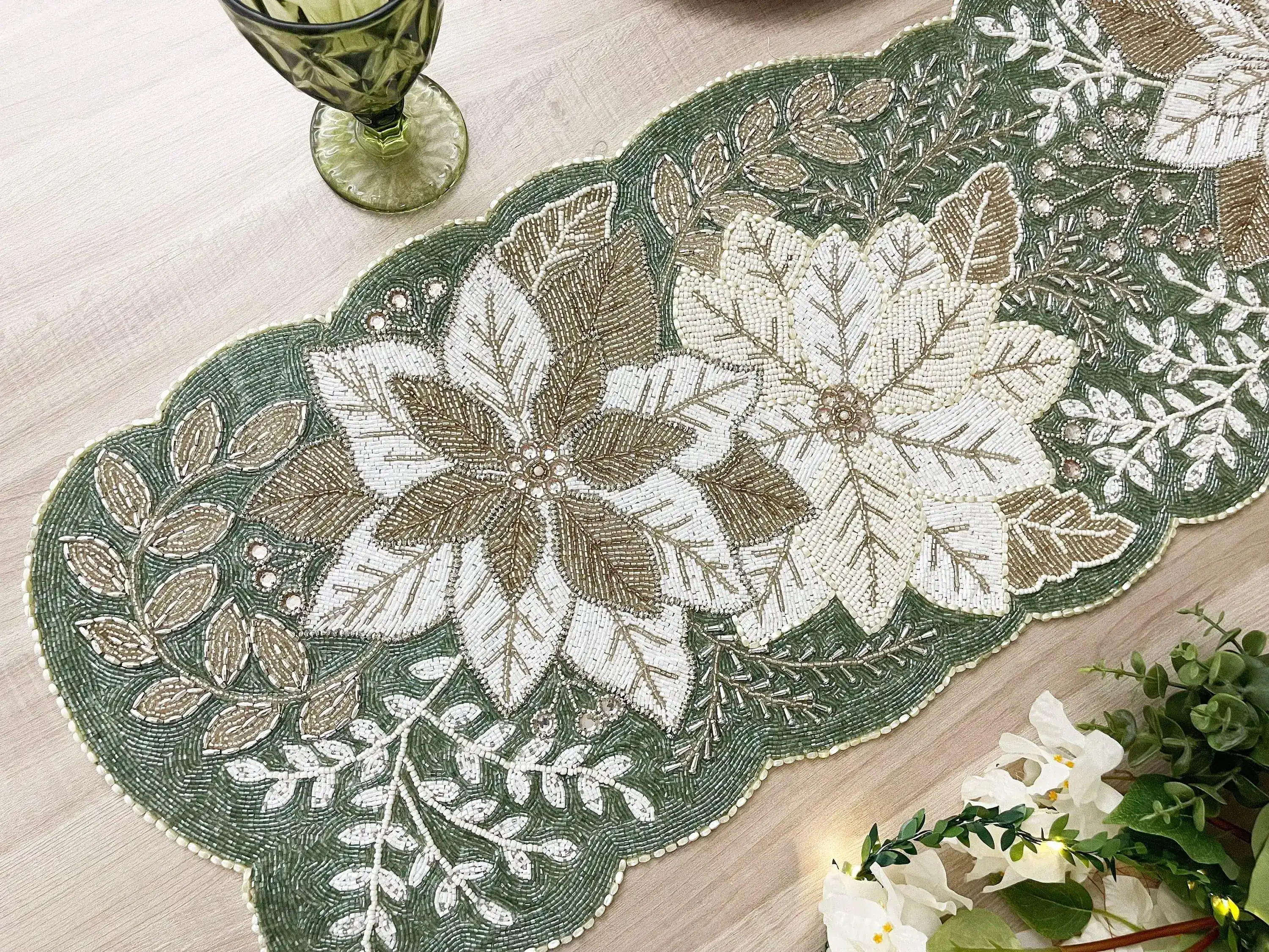 Floral Leafy Beaded Table Runner - Poinsettia - Image 6