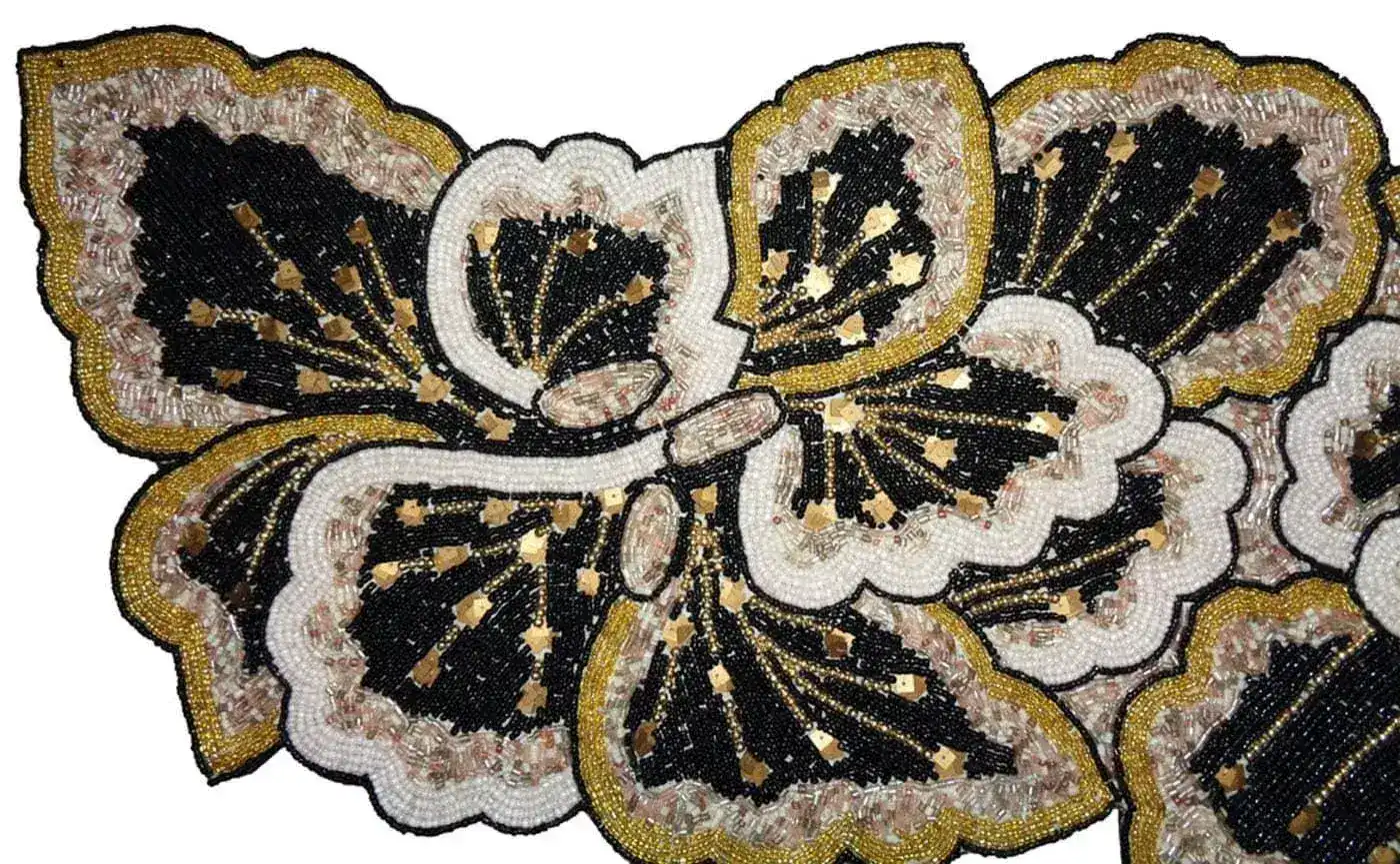 Floral Leaves Beaded Table Runner - Black and Gold - Image 3