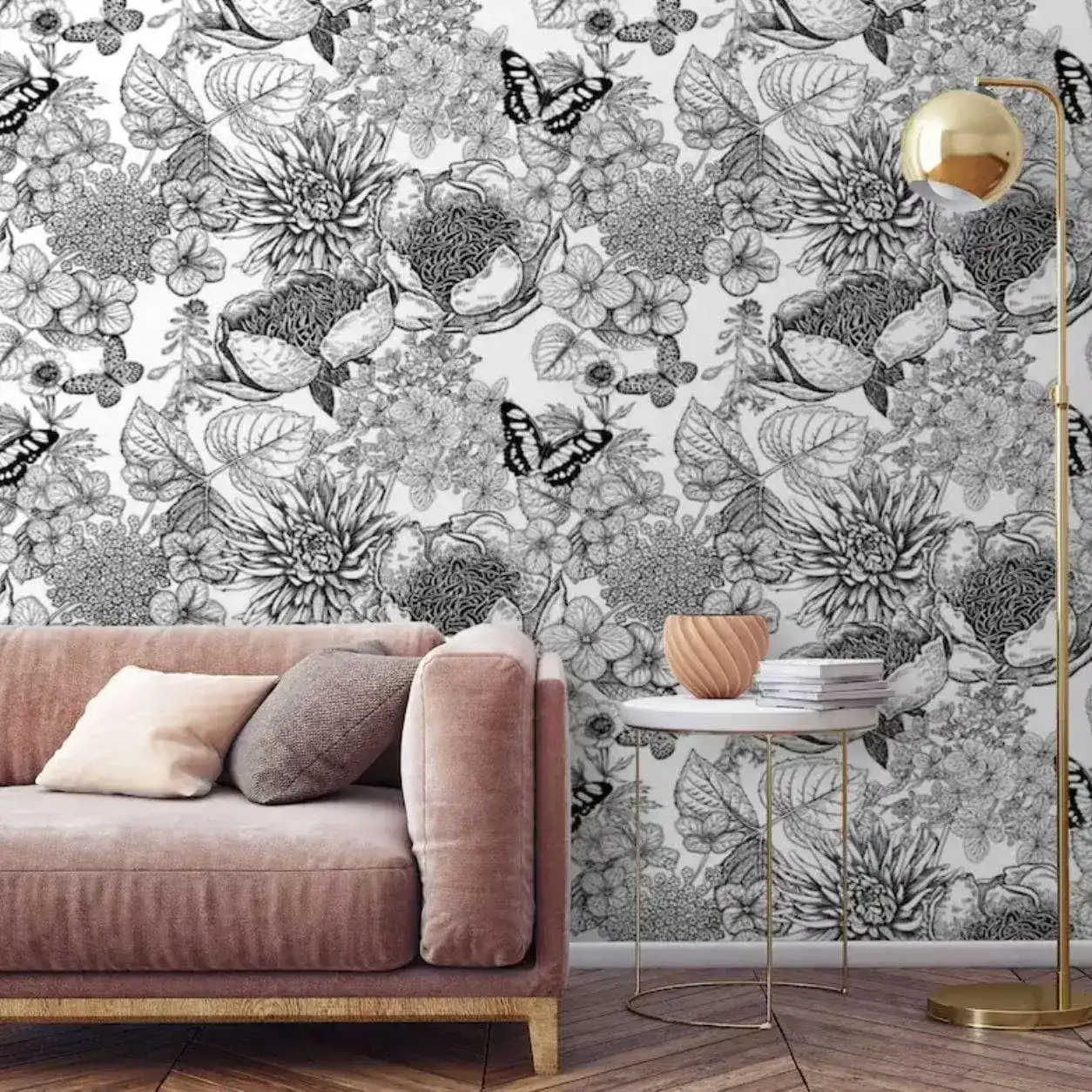 Butterfly and Floral Black and White Botanical Wallpaper - Image 3