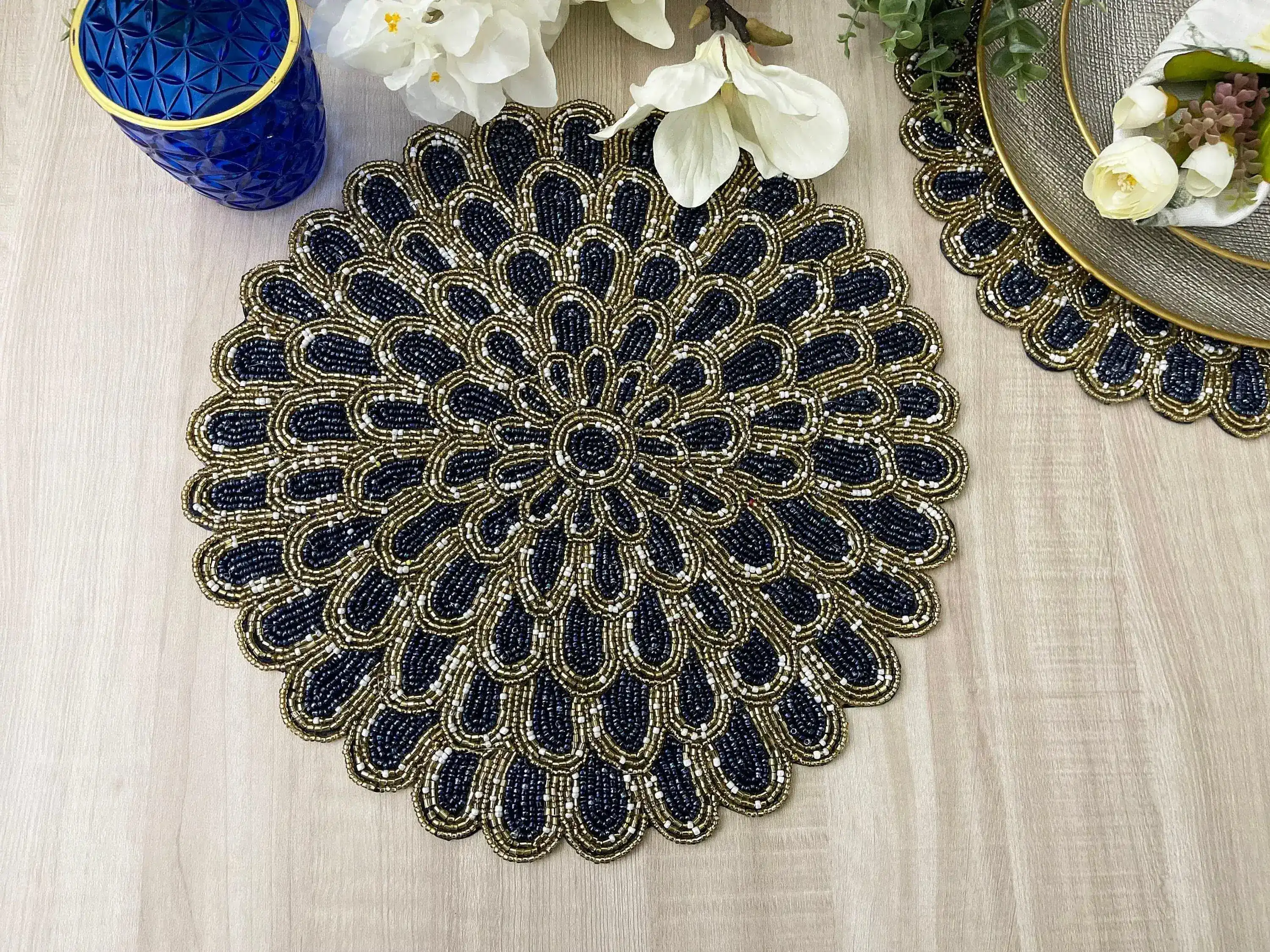 Flower Petals Beaded Scalloped Placemat Set of 4