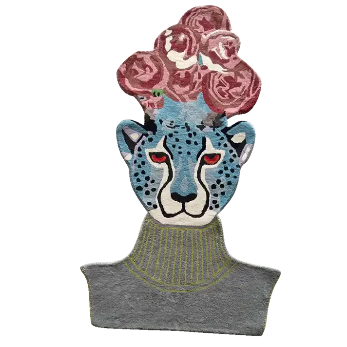 Flowers over Leopard Head Hand Tufted Accent Rug - Image 3