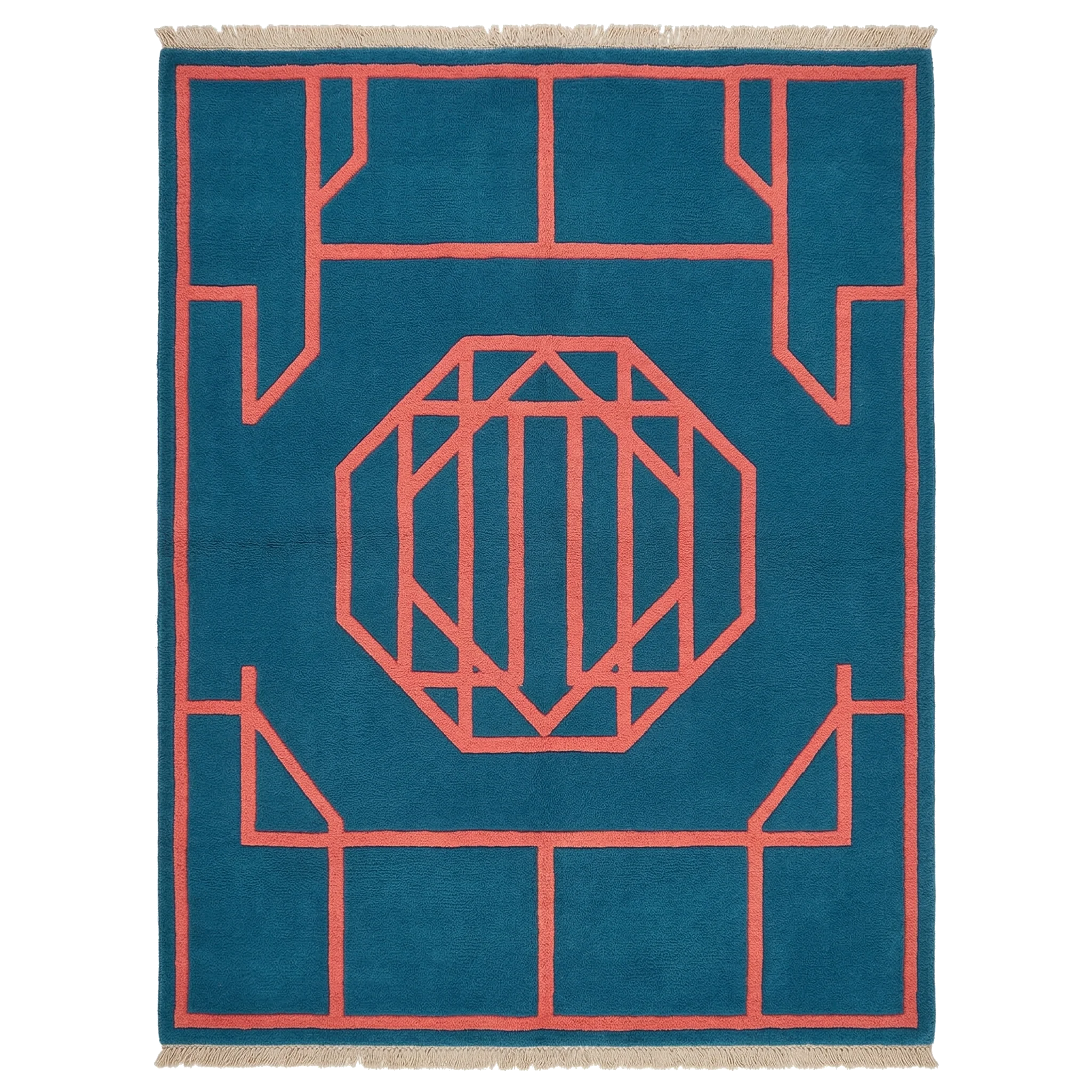 Framed in Grid and Blue Hand Knotted Rug