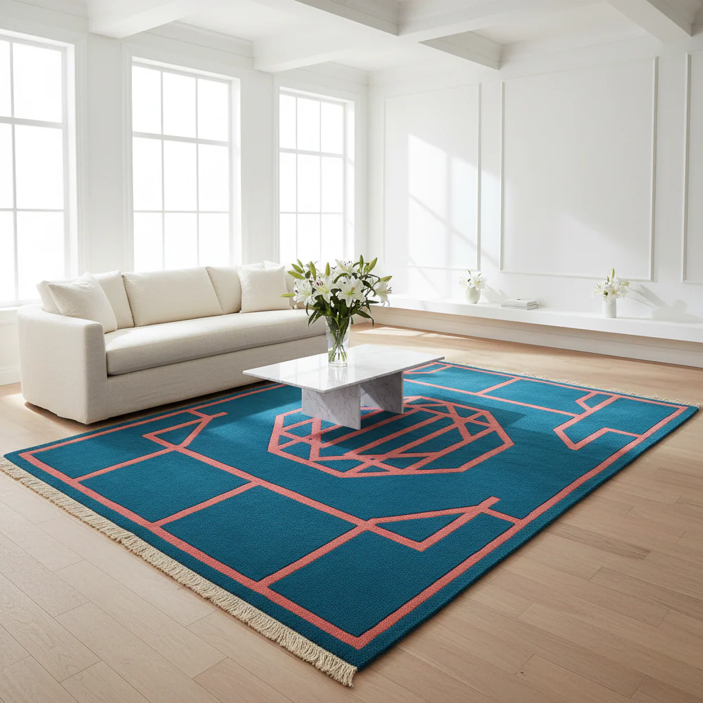 Framed in Grid and Blue Hand Knotted Rug - Image 2