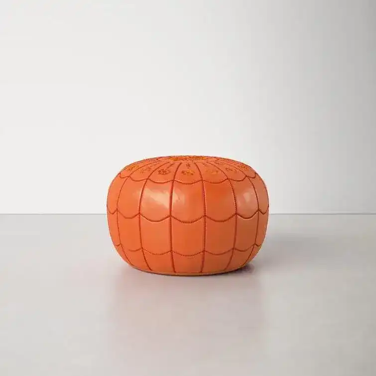 Genuine Leather Round Floral Pouf Ottoman - Orange - Image 4