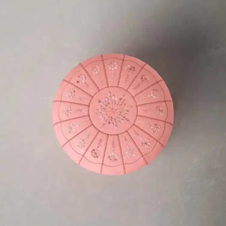 Genuine Leather Round Floral Pouf Ottoman - Pink - Image 3