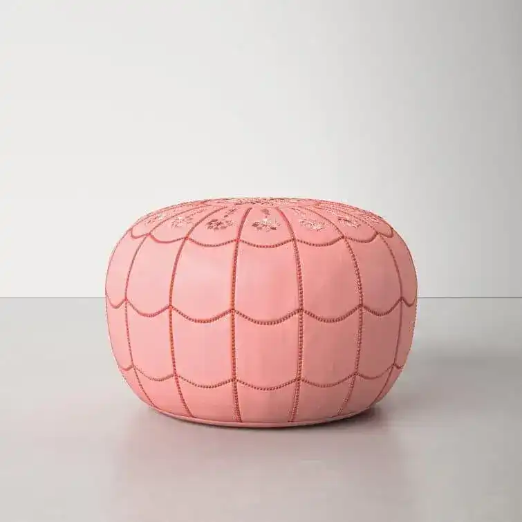 Genuine Leather Round Floral Pouf Ottoman - Pink - Image 4