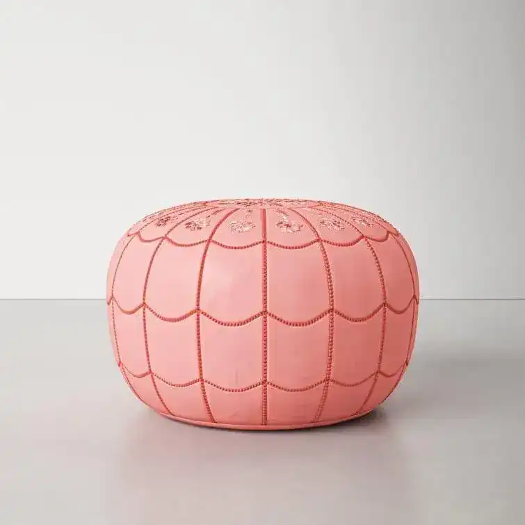 Genuine Leather Round Floral Pouf Ottoman - Pink - Image 5