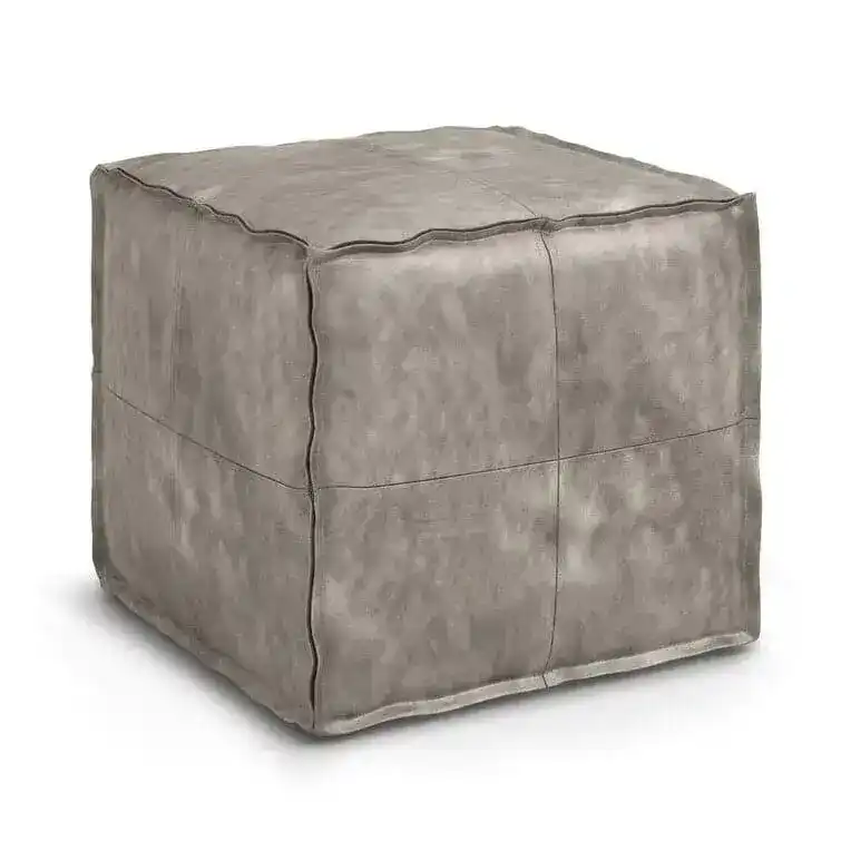 Genuine Leather Square Pouf Ottoman - Gray - Image 4