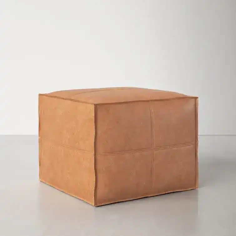 Genuine Leather Square Pouf Ottoman - Light Brown - Image 3