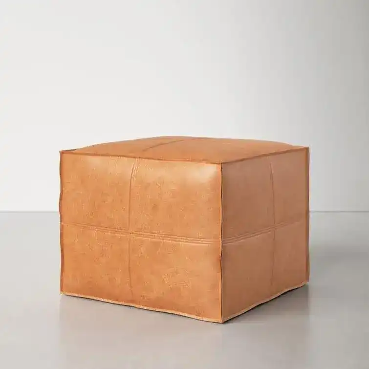 Genuine Leather Square Pouf Ottoman - Light Brown - Image 4