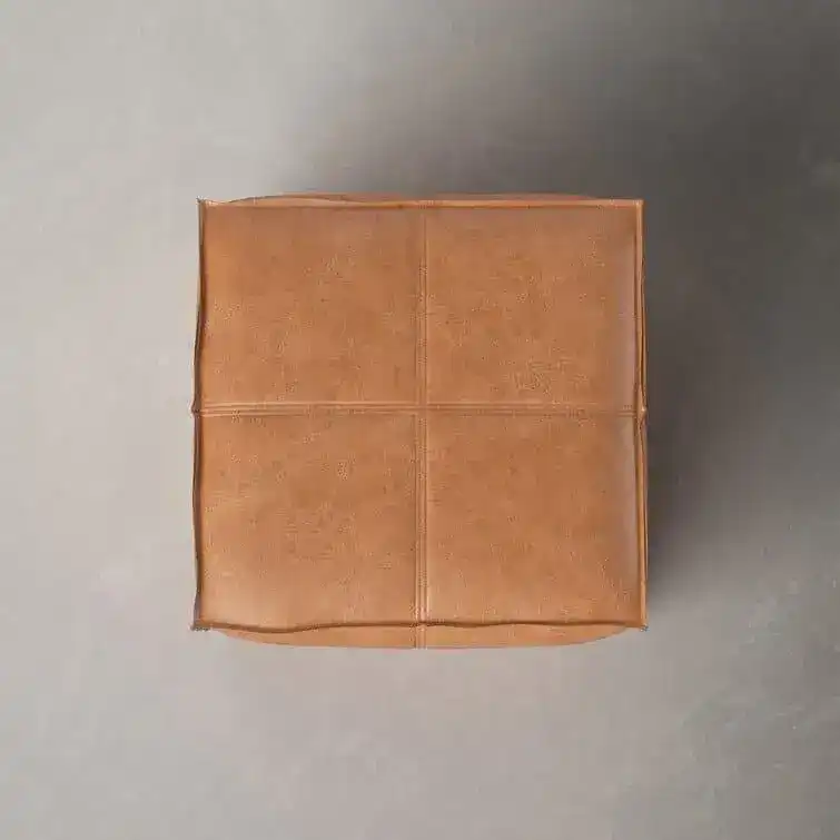 Genuine Leather Square Pouf Ottoman - Light Brown - Image 5