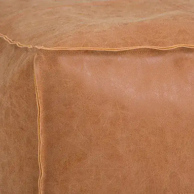 Genuine Leather Square Pouf Ottoman - Light Brown - Image 8