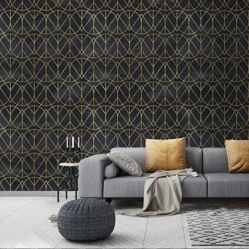 Gold and Black Watercolor Art Deco Geometric Wallpaper - Image 5