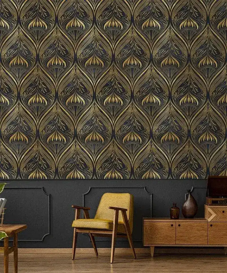 Gold and Black Watercolor Art Deco Pattern Wallpaper - Image 7