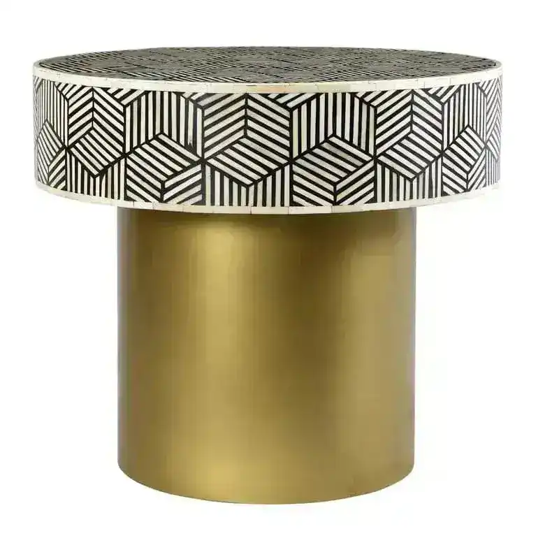 Gold Base Bone Inlay Geometric Round Accent Table - Image 2