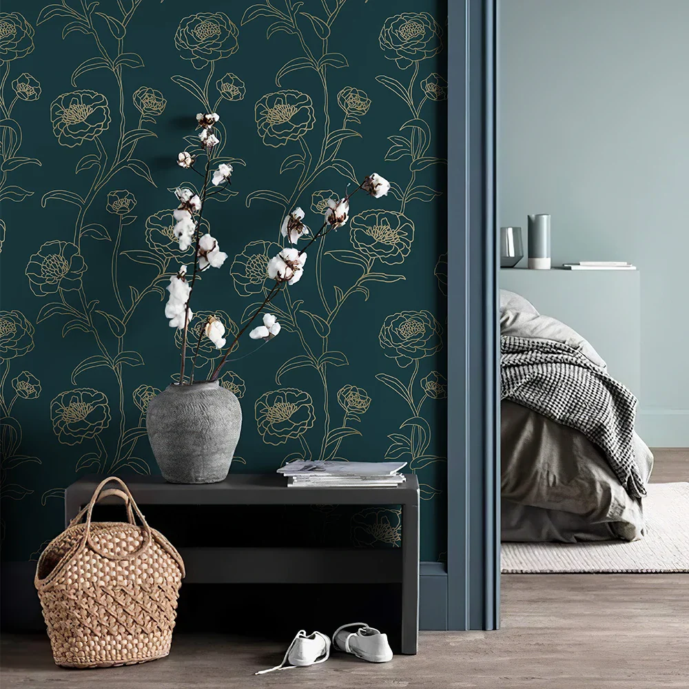 Gold Line Floral Green Wallpaper - Image 2
