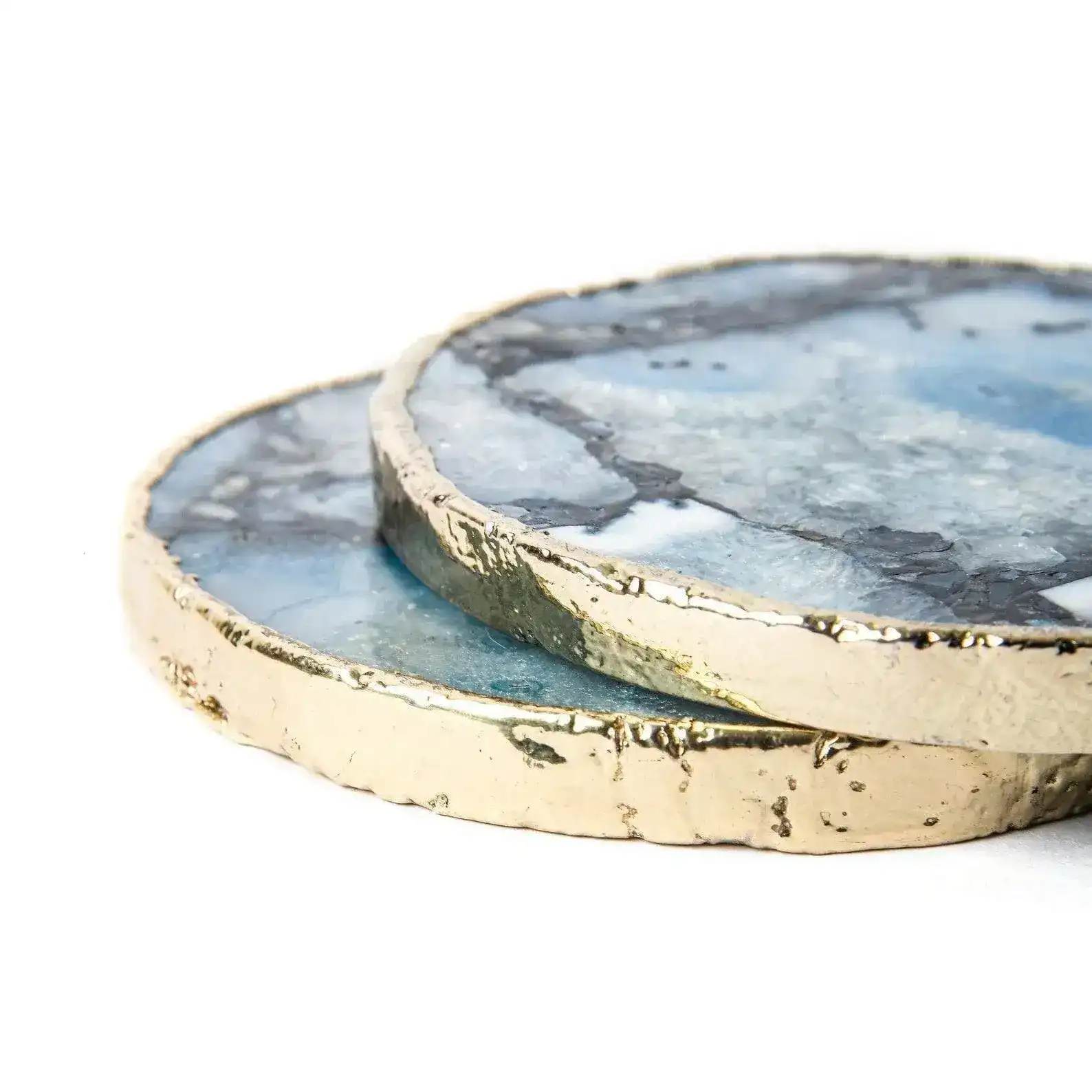 Gold Trim Round Blue Agate Crystal Geode Gemstone Coasters - Set of 4 - Image 2
