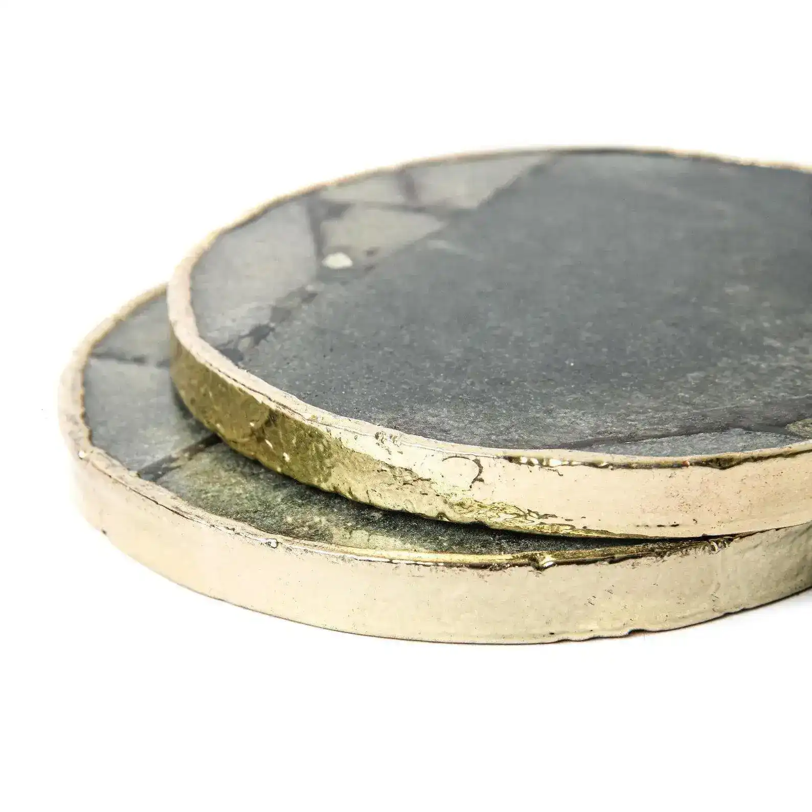Gold Trim Round Green Aventurine Agate Crystal Geode Gemstone Coasters - Set of 4 - Image 3