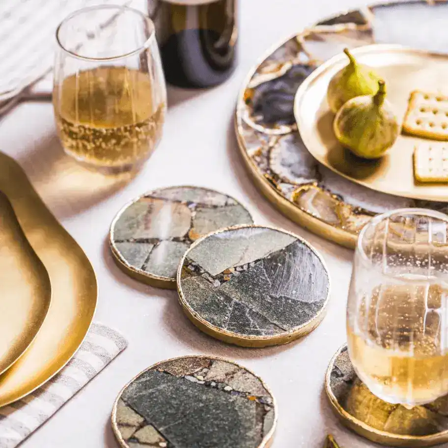 Gold Trim Round Green Aventurine Agate Crystal Geode Gemstone Coasters - Set of 4 - Image 4