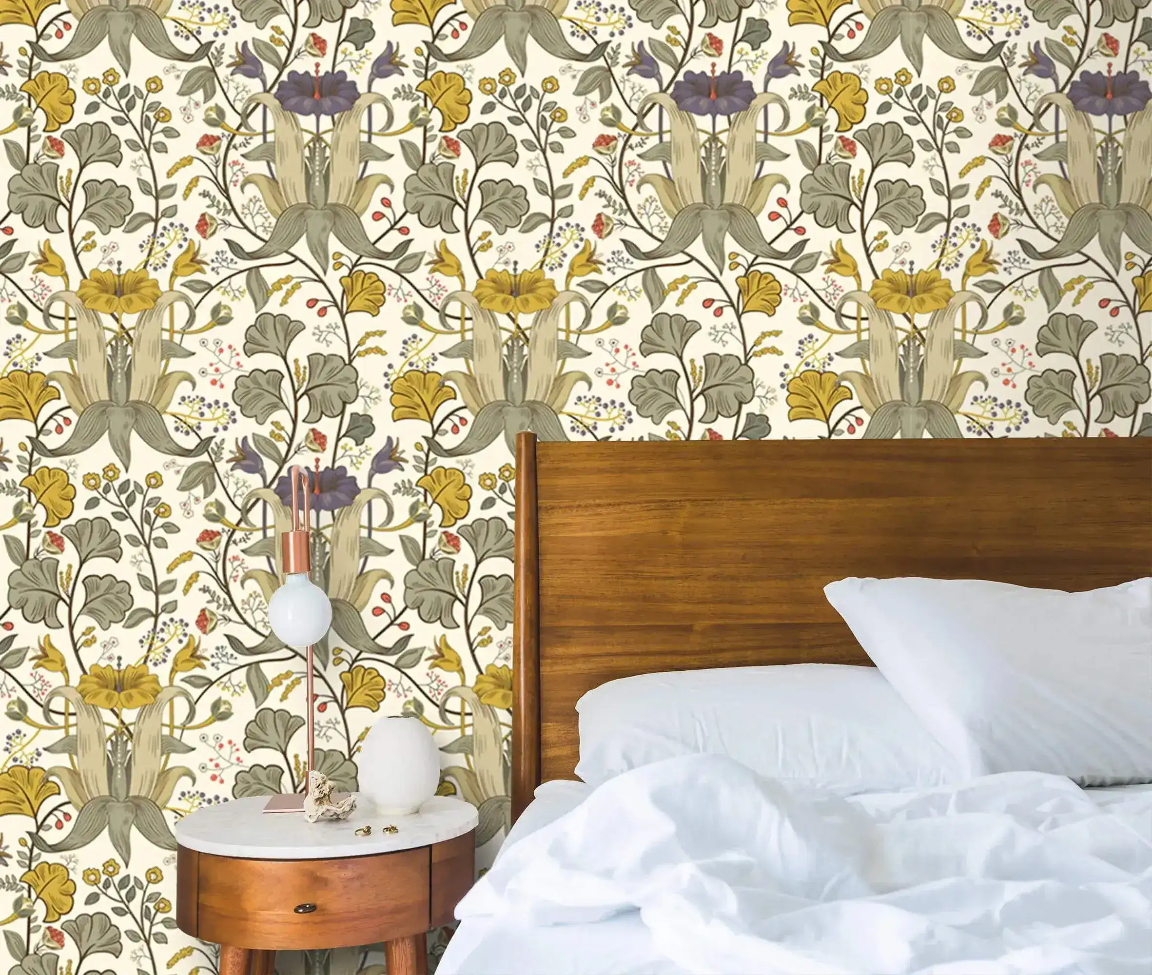 Golden Blooms Symphony: Vintage Yellow Floral Wallpaper - Image 3