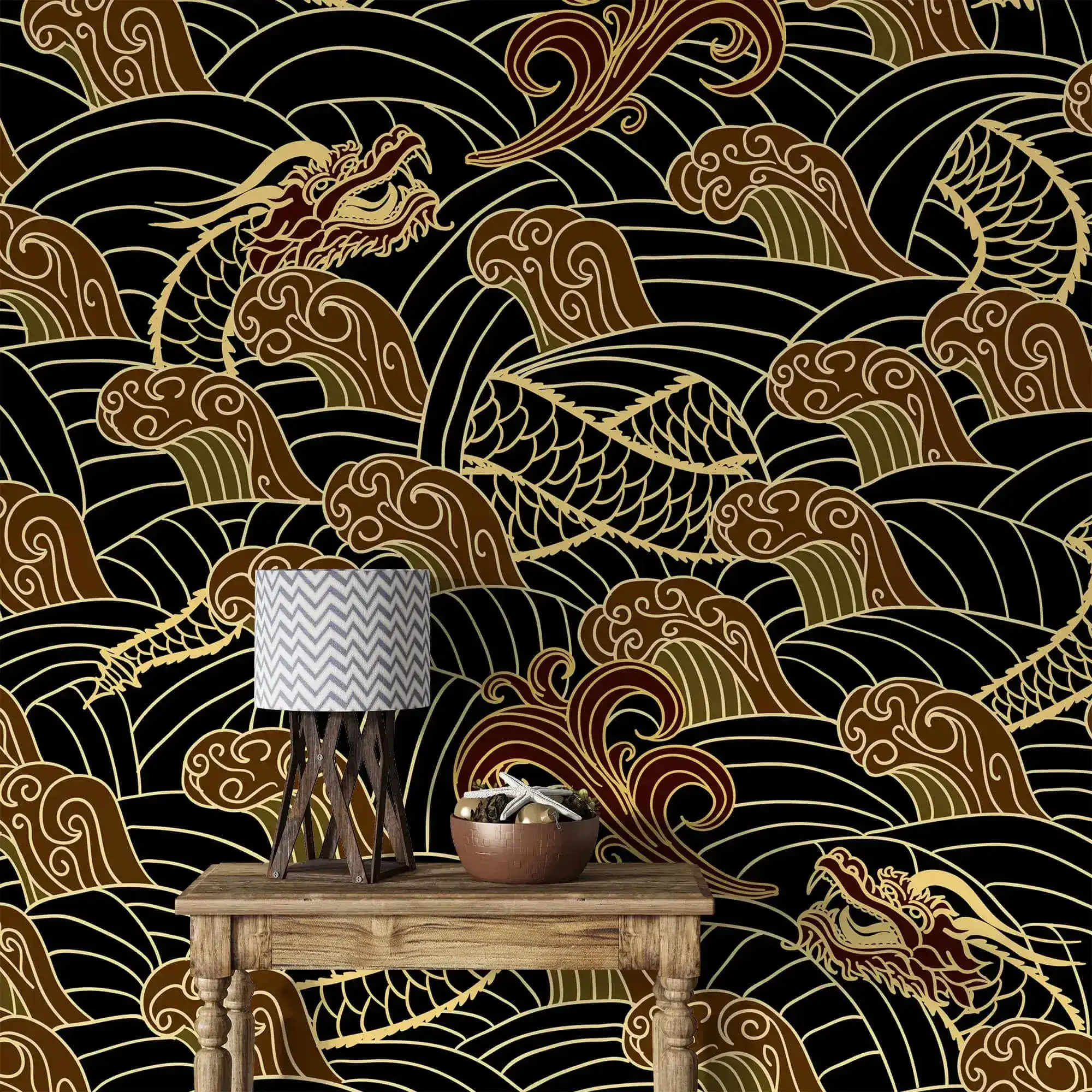 Golden Dragon Waves Wallpaper - Image 2