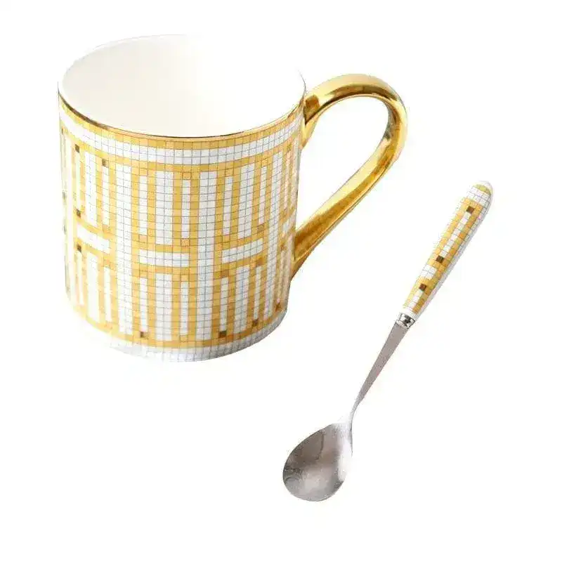 Golden Mozaic Pattern Porcelain Coffee Mug With Spoon - Image 4