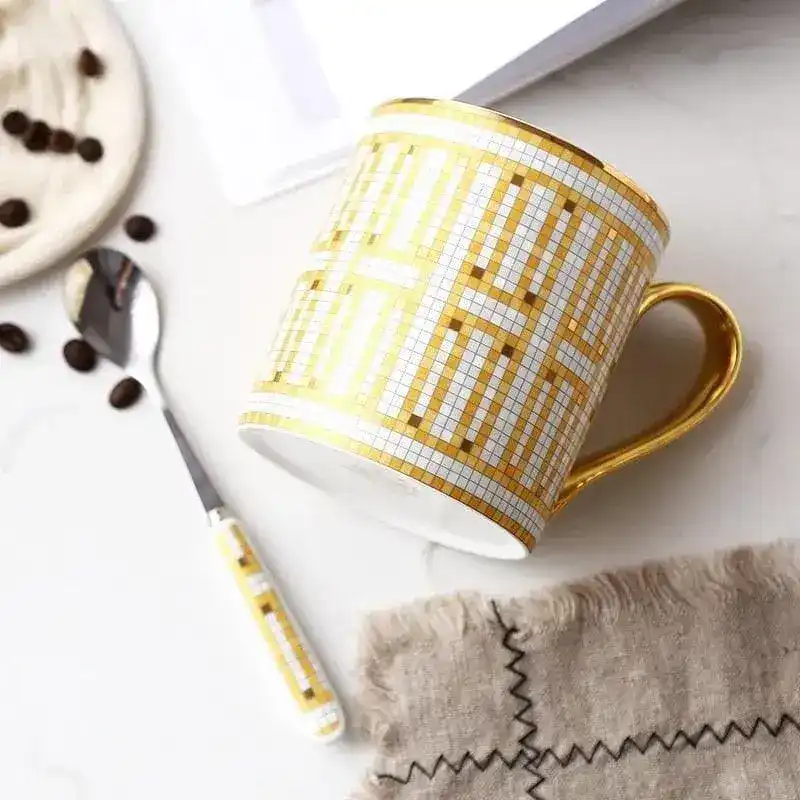 Golden Mozaic Pattern Porcelain Coffee Mug With Spoon - Image 5