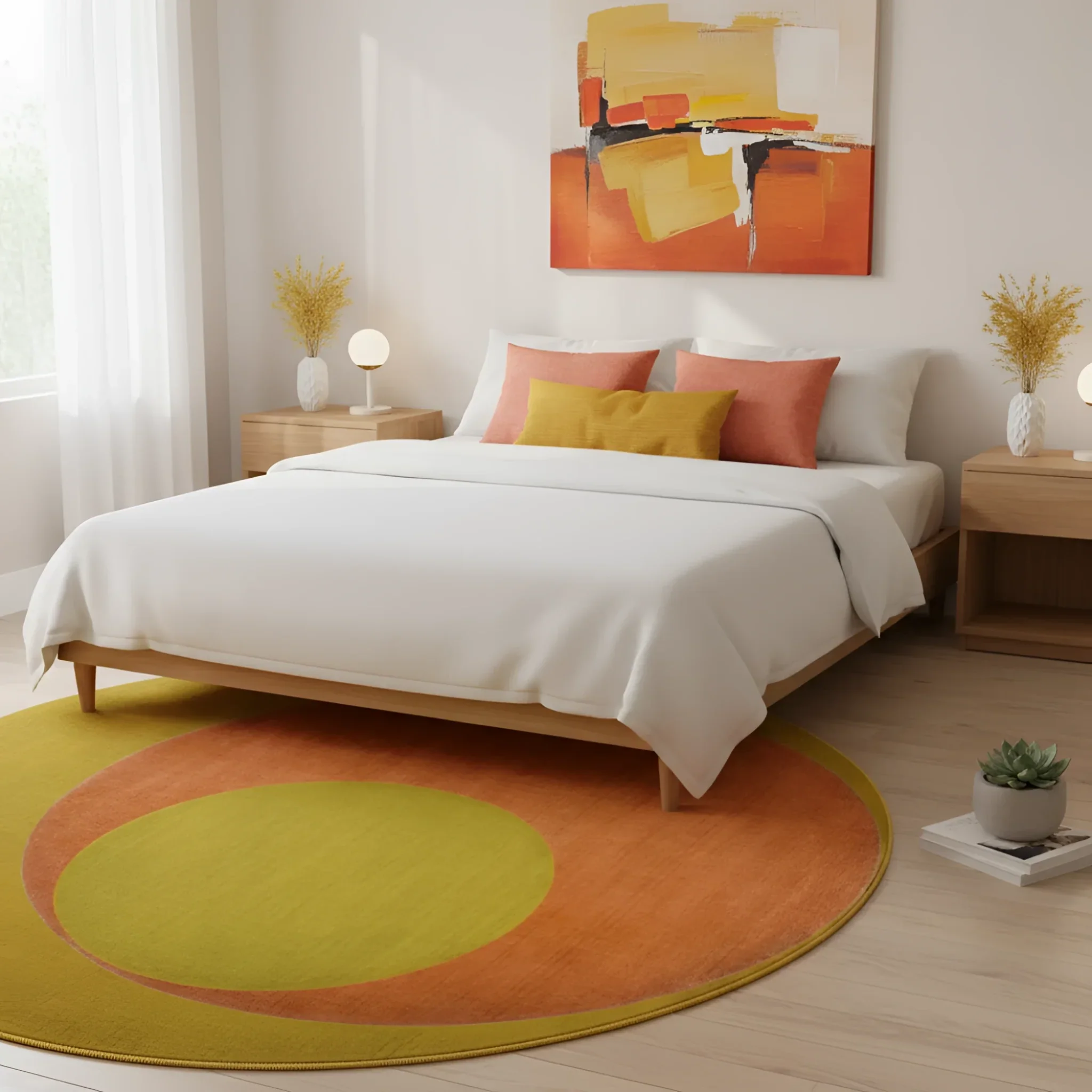 Golden Orange Geometry Round Hand Knotted Wool Rug - Image 4
